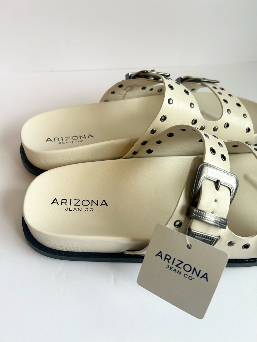Arizona Jean Company Cream Slide Sandals with Gunmetal Studs & Buckles - Picture 3 of 8